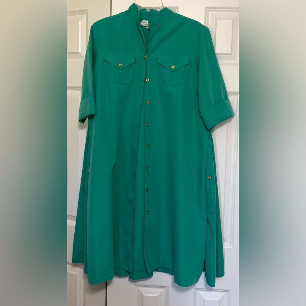 Vintage 6P Green Duster Dress 3/4Sleeves Pockets Swing Gold Buttons Round Collar
